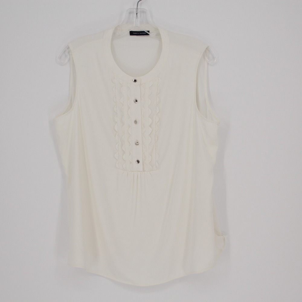 Tommy Hilfiger Women's Cream Ruffle Trim Sleeveless Blouse Size L-XL